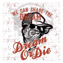 skull bandana wearing cap and text dream quote hand drawing vector