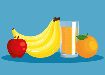 Sticker - fresh bananas and apple with orange fruit and juice