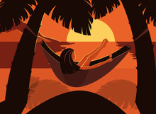 Woman Chilling In Hammock Between Palm Trees. Girl Relaxing At Sunset. Beach Vacation On Tropical Beach Illustration, Summer Holiday Vector.