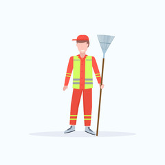 Wall Mural - male street cleaner holding rake man sweeping lawn cleaning leaves city streets service concept full length flat white background