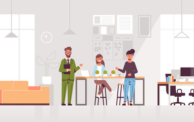 Wall Mural - couple coworkers pointing at new female employee introducing hired worker to the team concept modern co-working center office interior flat full length horizontal