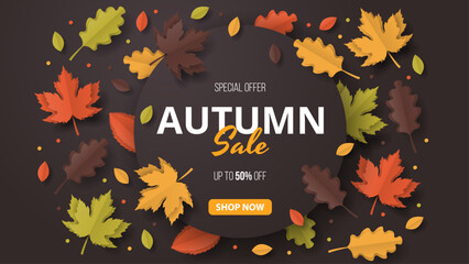 Wall Mural - autumn sale background. folded paper art. vector illustration template