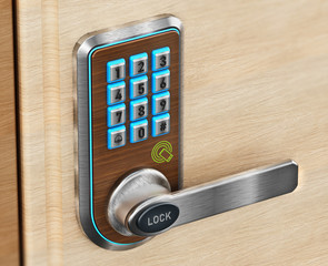 digital security keypad and knob on door. 3d illustration