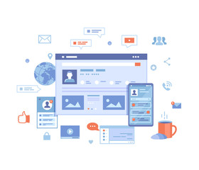 Wall Mural - Social media network, online internet communication. Website page social Interface. Mobile and computer user screens, home page. Vector illustration on white background. 