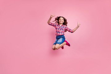 Full length body size view photo of charming friendly girl make v-signs dream dreamy carefree careless playful free time dressed checkered shirt denim jeans skirt isolated pink pastel background