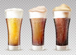 Fresh and cold beer, ale poured in weizen glasses with moisture drops and human finger traces on wet sides realistic vector set. Craft lager types, styles with foam pours out from glass illustration