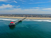 Aerial View Of Huntington Pier, Beach & Coastline During Sunny Summer Day, Southeast Of Los Angeles. California. Destination For Surfer And Tourist.