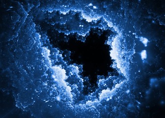 Wall Mural - Abstract vibrant blue fractal clouds hole on black background