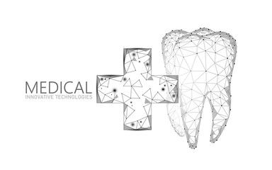 Wall Mural - Medical cross healthy human tooth 3d. Medicine model low poly. Doctor online concept. Medical consultation app. Web healthcare dentist stomatologist modern technology vector illustration