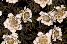Seamless Pattern With Peonies And Leaves. Black, White And Gold Foil Print.