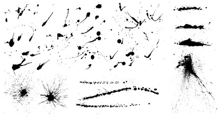 Fototapete - Isolated ink splashes and drops. Different handdrawn spray design, grunge splash, ink blots. High quality manually traced. Splatter grunge set. Vector grunge collection
