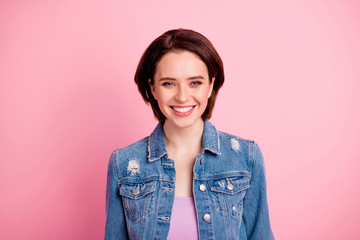 Sticker - Close up photo beautiful amazing she her lady perfect appearance sincere kind self-confident easy-going listen great good news novelty wear casual jeans denim blazer isolated bright pink background