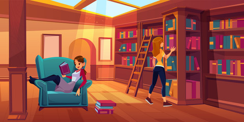 Women in library reading and searching books. Young girls spend time in athenaeum room with bookshelves, ladder, cozy armchair and glass window on roof, literature storage. Cartoon vector illustration