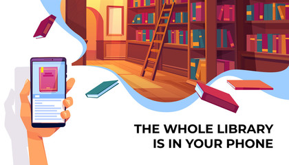 Online library app for reading, banner. Hand holding smartphone with electronic book store application on background with bookshelves, digital technologies in education. Cartoon vector Illustration