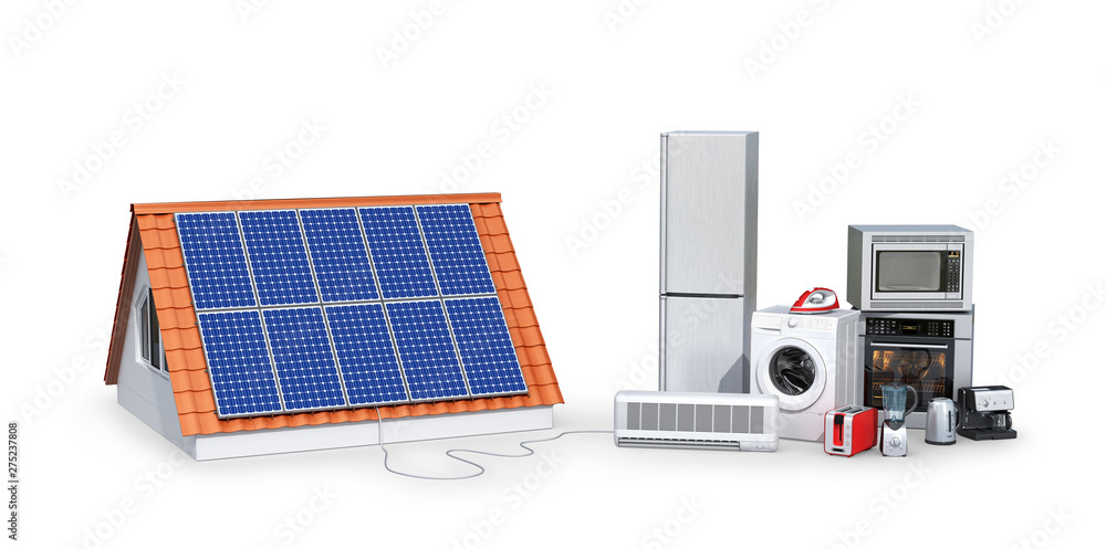  concept of electricity from solar panels. Appliances. 3d illustration - obrazy, fototapety, plakaty 