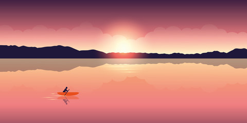 Wall Mural - lonely canoeing adventure with orange boat at sunrise on the lake vector illustration EPS10