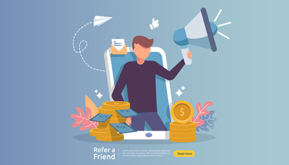 affiliate marketing concept. refer a friend strategy. people character shout megaphone sharing referral business partnership and earn money. template for web landing page, banner, poster, print media