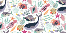 Vector Seamless Pattern With Fish And Sea Animals.