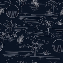Minimal Seamless Pattern In Vector Of Island Summer Mood And Tone With Line ,Design For Fashion Fabric Web Wallpaper And All Prints