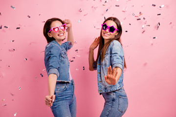 Sticker - Close up side profile photo beautiful she her sisters ladies festive hands raised sing singer playlist club celebrate confetti fly fall wear jeans denim jackets blazers isolated bright pink background