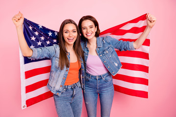 Sticker - Close up photo beautiful she her sisters models ladies festive hands arms hold usa american flag celebration immigrants members wear jeans denim jackets blazers isolated bright pink background