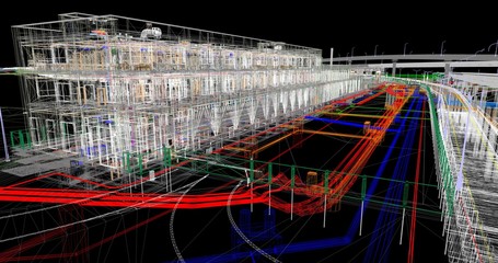 Wall Mural - the bim model of the of civil infrastructure object of wireframe view