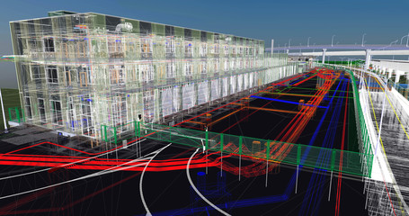 Wall Mural - the bim model of the of civil infrastructure object of wireframe view