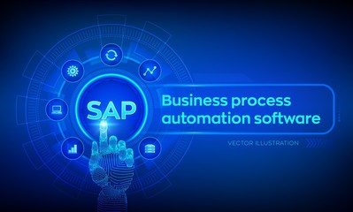 Wall Mural - SAP Business process automation software. ERP enterprise resources planning system concept on virtual screen. Robotic hand touching digital interface. AI. Artificial intelligence. Vector illustration.