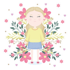 Wall Mural - cute little girl with floral decoration character