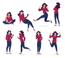 Set Of A Woman In Casual Clothes In Different Poses. A Character For Your Project. Vector Illustration In A Flat Style