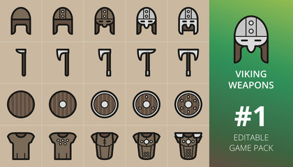 Viking weapons game icons set. Set of helmets, axes, shields, armor, armour. Editable RPG game pack