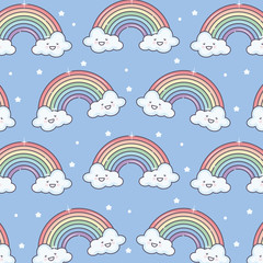 Canvas Print - cute summer sun and clouds with rainbow kawaii pattern