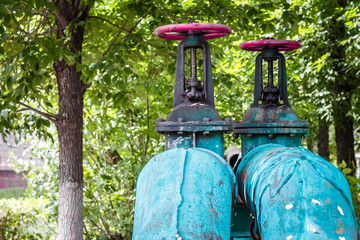 two turquoise blue rusty old pipes with red vents against a background of forest trees; environmenta