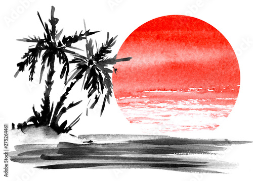 Minimalistic Landscape Dark Silhouette Of Two Palm Trees On - 