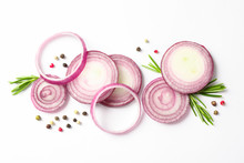Flat Lay Composition With Red Onion Rings And Spices On White Background