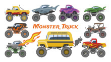 Monster Truck Vector Cartoon Vehicle Or Car And Extreme Show Transport Illustration Set Of Heavy Monstertruck With Large Wheels Isolated On White Background