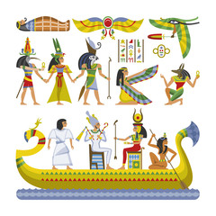 Egyptian vector pharaoh character ancient man woman god ra anubis statue on boat of Egypt culture historical illustration set of historic african archeology collection isolated on white background