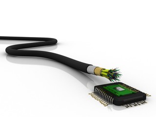 3d rendering fiber optical cable detail with micro computer chip
