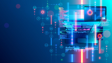 Leinwandbilder - Development, programming mobile application software. Create and optimization Layout interface website or app on laptop, tablet, phone. ui ux design. coding concept abstract banner, background.