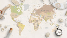 Sea, Travel Things On World Map Conposition. Copy Space In The Middle. Top View, Flat Lay.