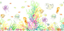 Underwater World, Seamless Pattern, Watercolor, Background,