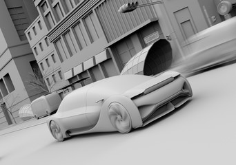 Wall Mural - Clay rendering of self driving sedan driving on the road. Ride sharing concept. 3D rendering image. 