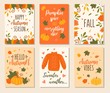 Autumn cards set with quotes, pumpkins, leaves and sweater. Hand drawn fall vector greeting cards illustrations. Pumpkin spice and everything nice. Hello fall. Sweater weather. Autumn vibes