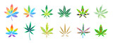 Fototapeta  - set di foglie di marijuana cannabis colorate, droga leggera sfondo bianco acquerello 