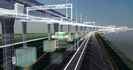 Wall Mural - the bim model of the object of transport infrastructure of wireframe view