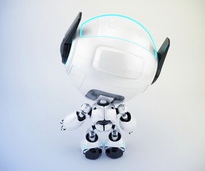 black and white robot pr manager backwards, unusual robotic character with funny prick-ears, 3d rend