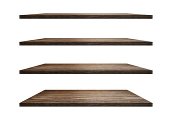 Wall Mural - a collection of brown wooden shelves on a white background that separates the objects. there are cli