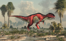 A Red And White Rajasaurus With Black Stripes In A Prehistoric Swamp. Rajasaurus Was An Abelisaurid Theropod Dinosaur Of The Late Cretaceous In India. 3D Rendering