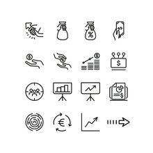 Credit Rate Icons. Set Of Line Icons. Financial Report, Focus Group, Hand Holding Coin. Finance Concept. Vector Illustration Can Be Used For Topics Like Finance, Business, Banking