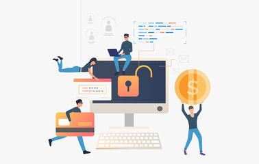 Poster - Cyber thieves robbing computer bank data. Cartoon hackers carrying credit card, password and money. Hacker attack concept. Vector illustration can be used for cybercrime, breach, hacker identity